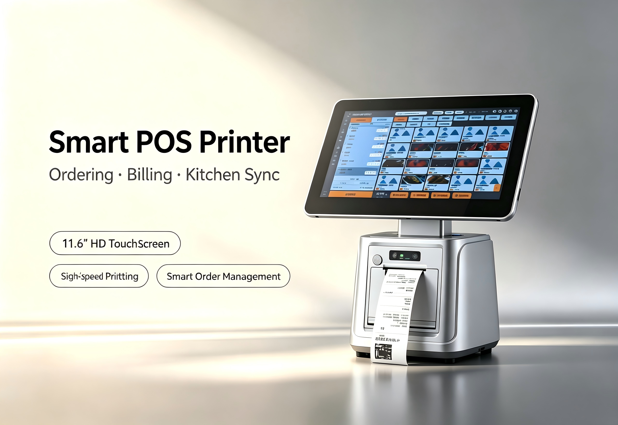 The Ian POS – The Only Mid-Top Mini Dual-Screen POS with a Built-in 80mm Auto-Cutter Printer.